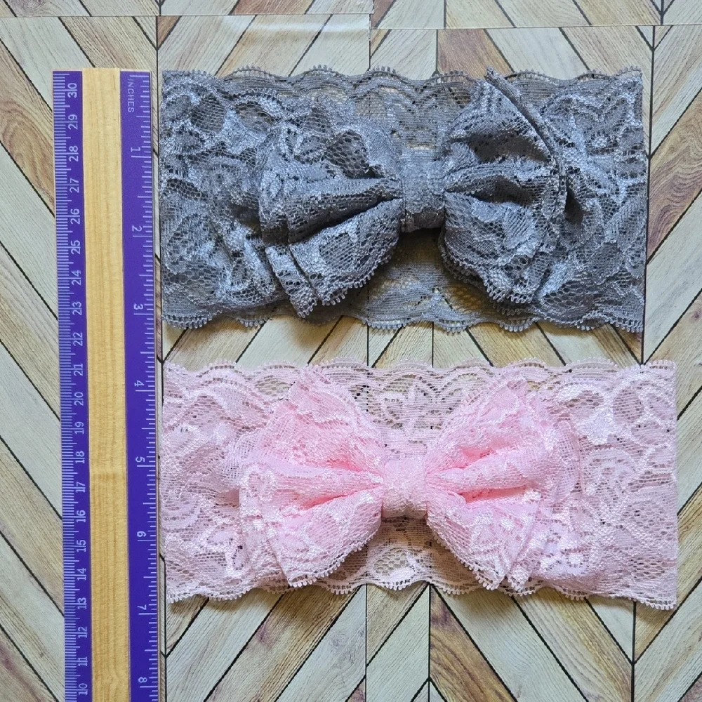 Lace Bowknot Gray Pink Headbands Elastic Bow Headwrap Baby Girl Hairbands